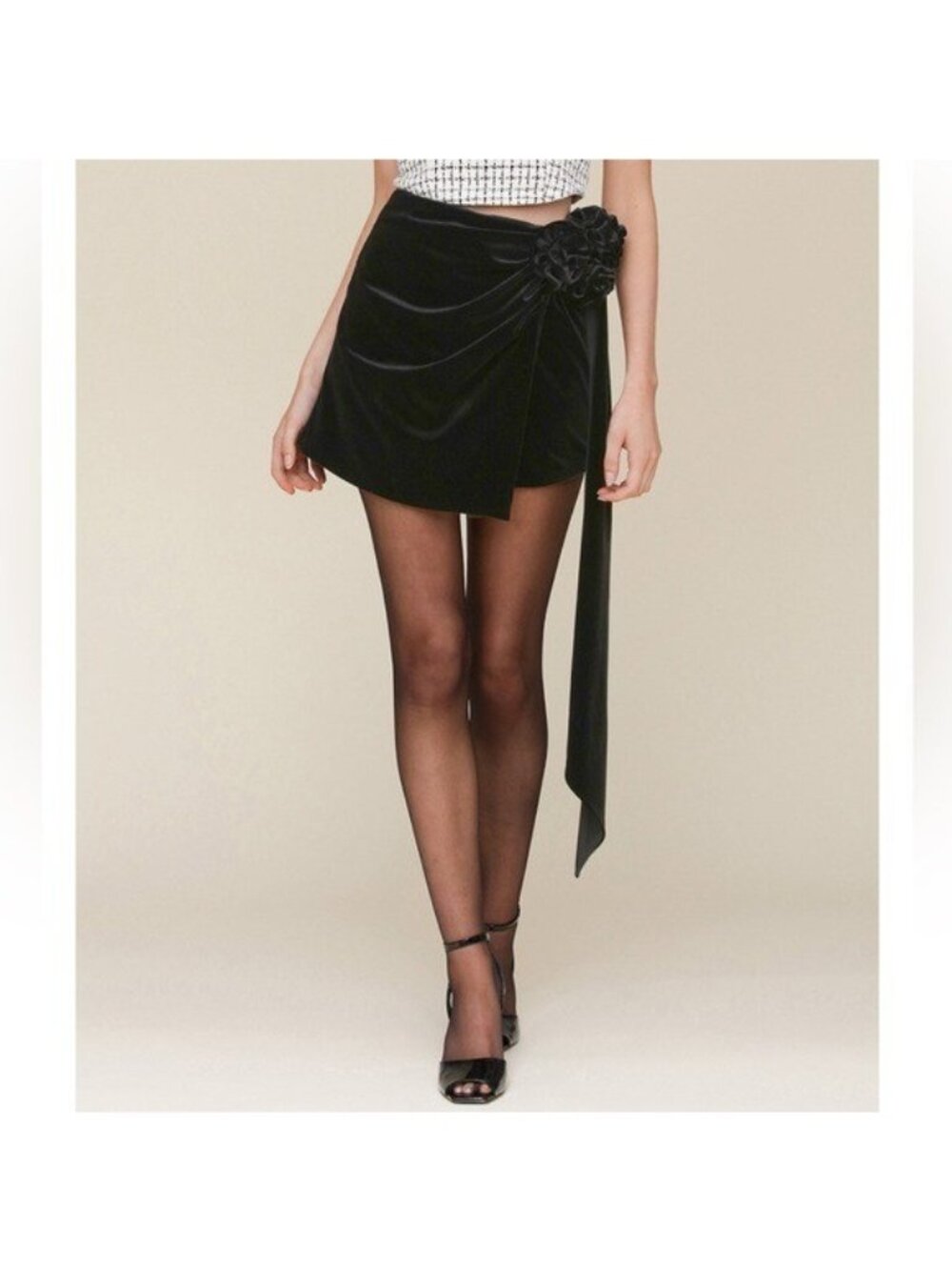 ANTHROPOLOGIE AVEC LES FILLES Velvet Rosette Faux Wrap Draped Mini Skirt Black M